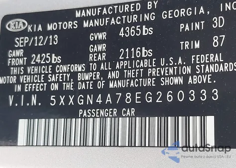 2014 Kia Optima Ex from USA, damaged, VIN 5XXGN4A78EG260333